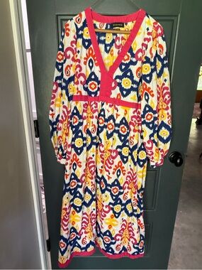 Piombo Multicolor Ikat V-Neck Dress with Pink Trim